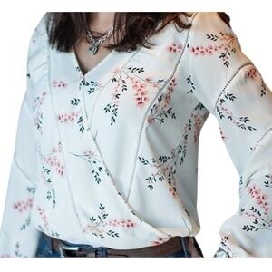 Sienna Sky White Floral Print Wrap Long Sleeve Blouse Top Women's Size M‎